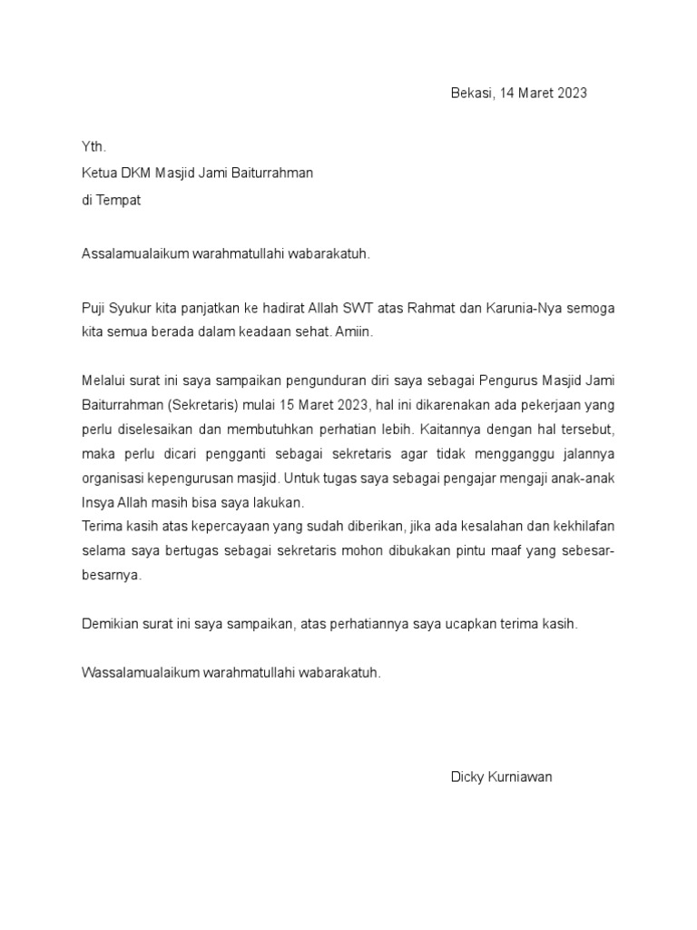 Surat Pengunduran Diri Pengurus Masjid PDF | PDF