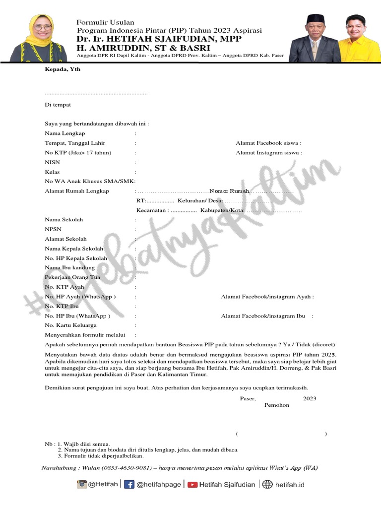 Form PIP 2023 - Ibu Hetifah, H. Dorreng, & Basri | PDF