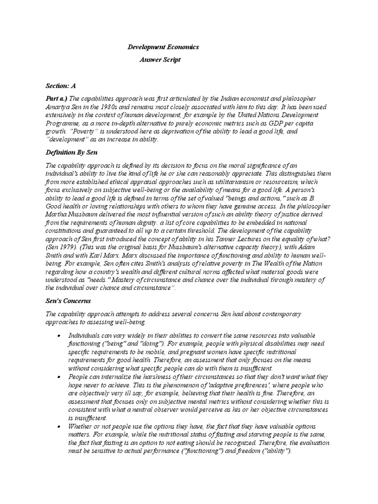 Development Economics Answer Script PDF Economic Growth Labour