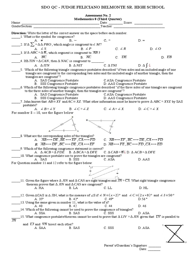 Assestment - 2 Math 8 - 3rd Quarter | PDF | Geometry | Arithmetic