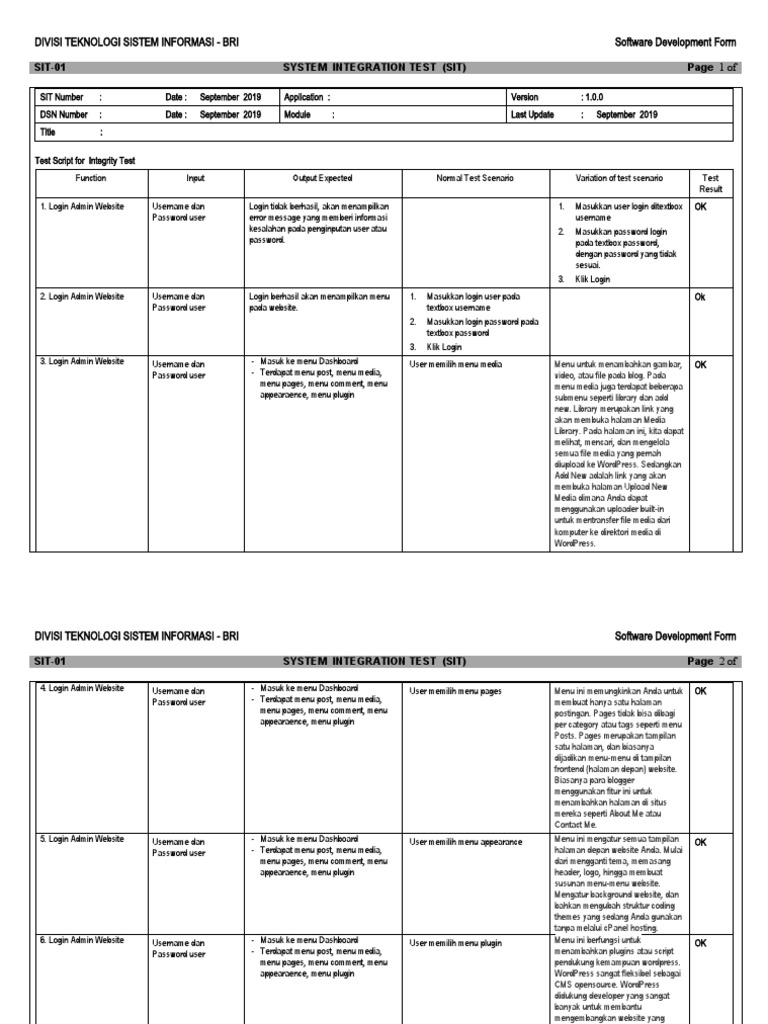 Template Dokumen SIT BRI | PDF
