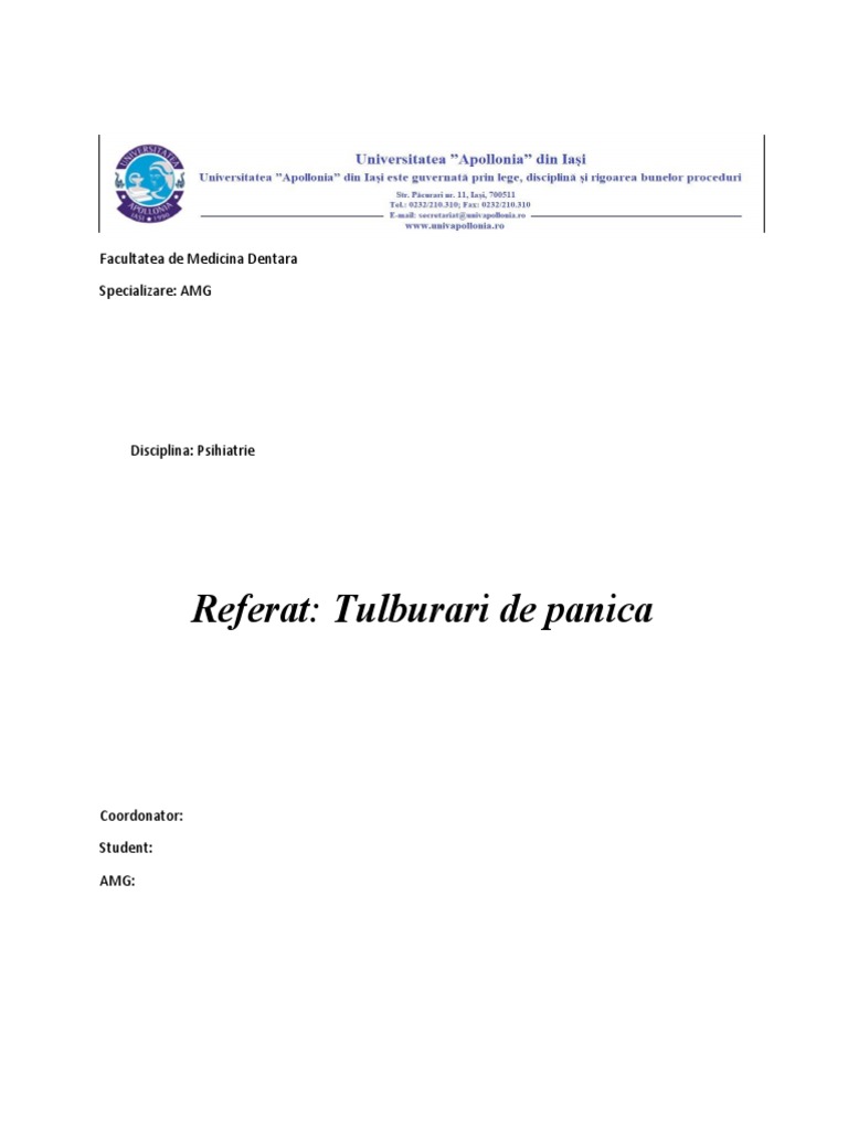 Referat Psihiatrie-Tulburari de Panica - Nechita Mariana | PDF