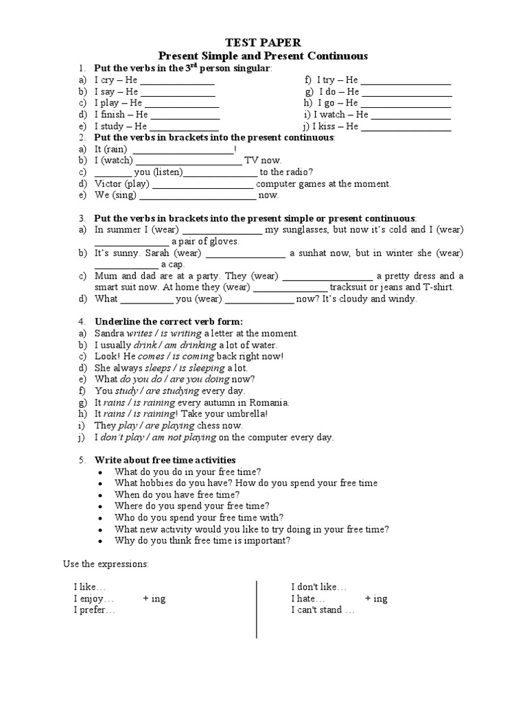 Present Simple and Continuous Test | PDF | Linguistic Typology | Languages