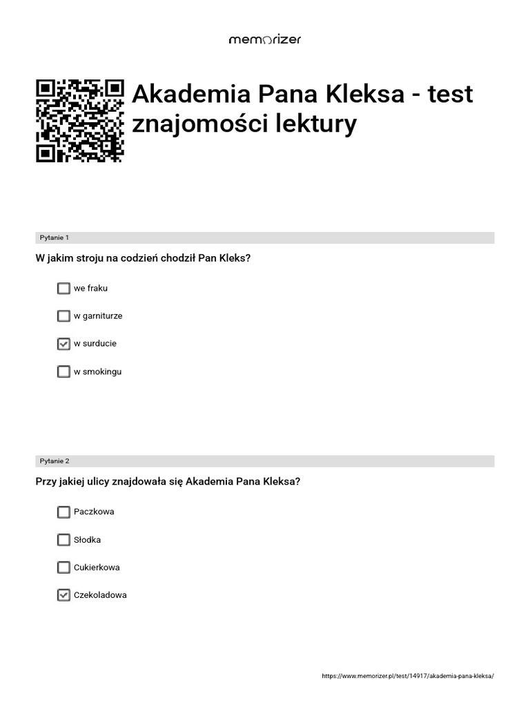 Test O Akademii Pana Kleksa Akademia Pana Kleksa - Test Znajomości Lektury - WYPEŁNIONY PDF | PDF