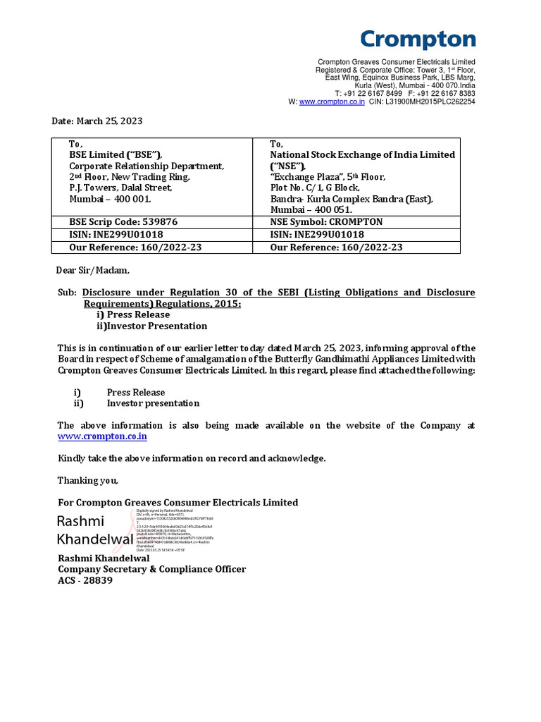 Crompton-Butterfly Merger Announcement | PDF | Mergers And Acquisitions ...
