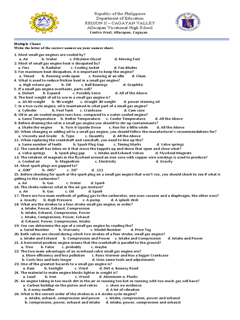 Grade 10 first quarter exam pdf internal combustion engine vehicles