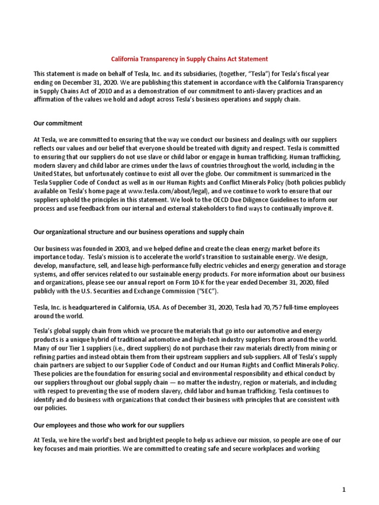 2020 California Transparency Supply Chain Act Statement | PDF | Supply