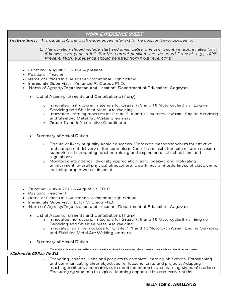 CS Form No. 212 Attachment Work Experience Sheet Sample | PDF ...