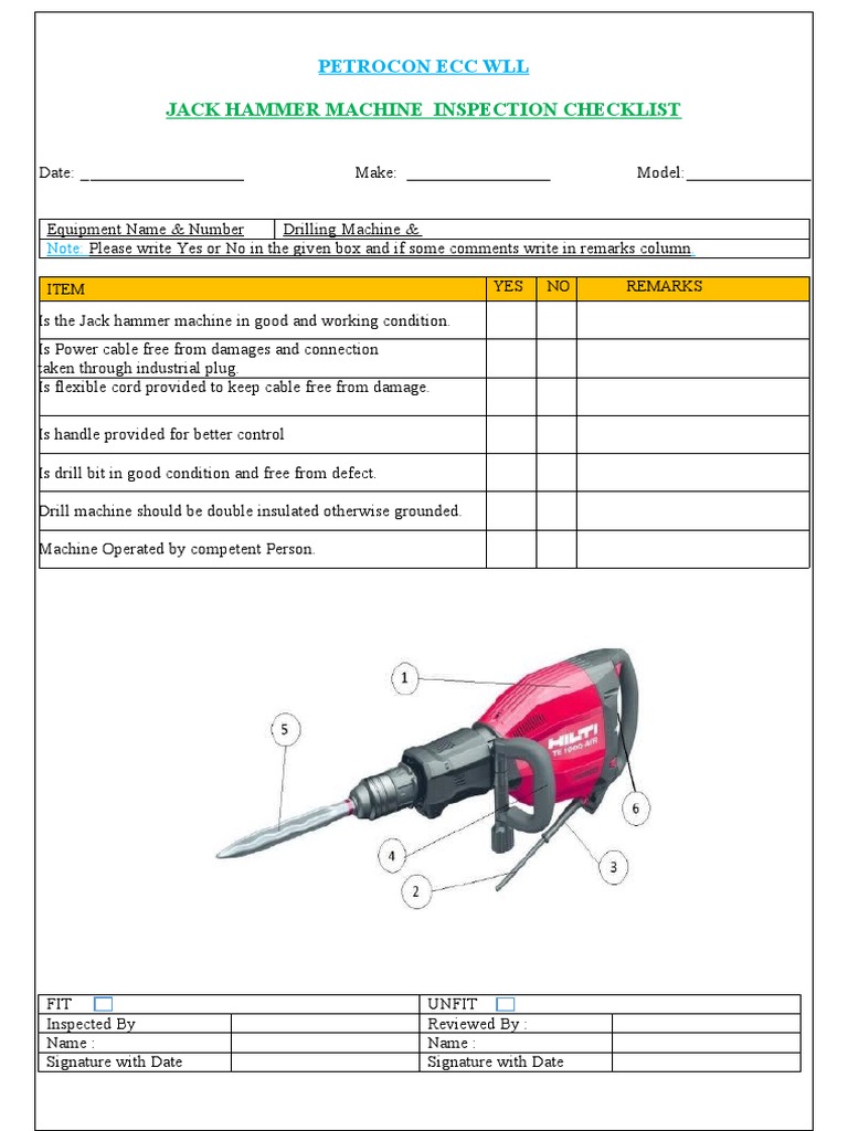 Jack Hammer Machine Inpection Checklist 2 PDF Jack Hammer Machine Inpection Checklist 2 PDF