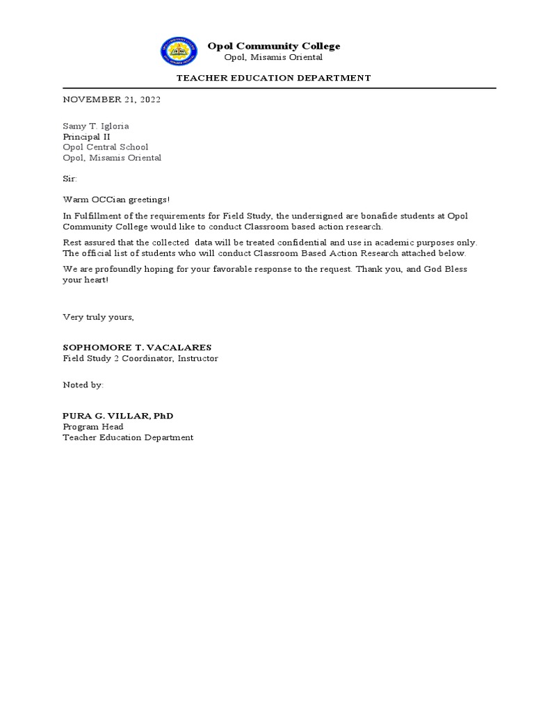 Request for classroom observation and interviews for field study