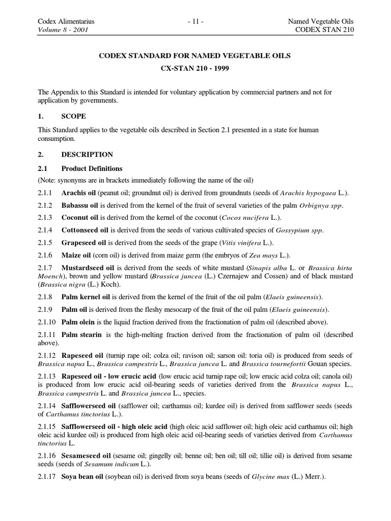 Codex Standard For Named Vegetable Oils PDF Palm Oil Chemistry
