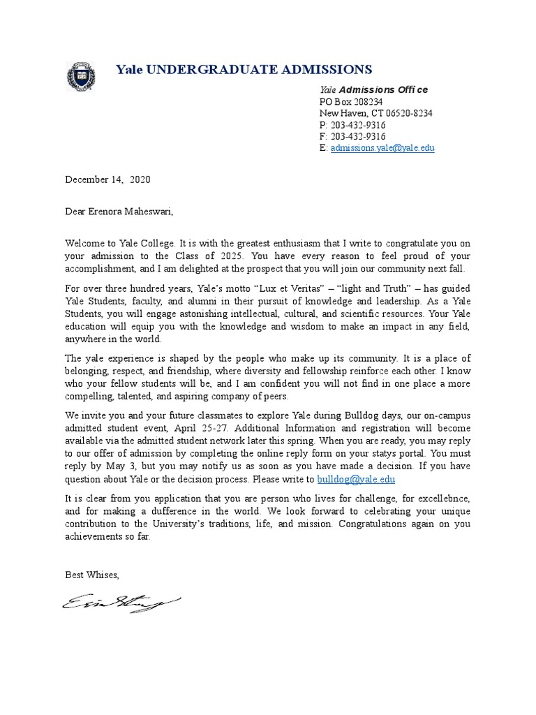 Yale Acceptance Annoucement Docx Version PDF