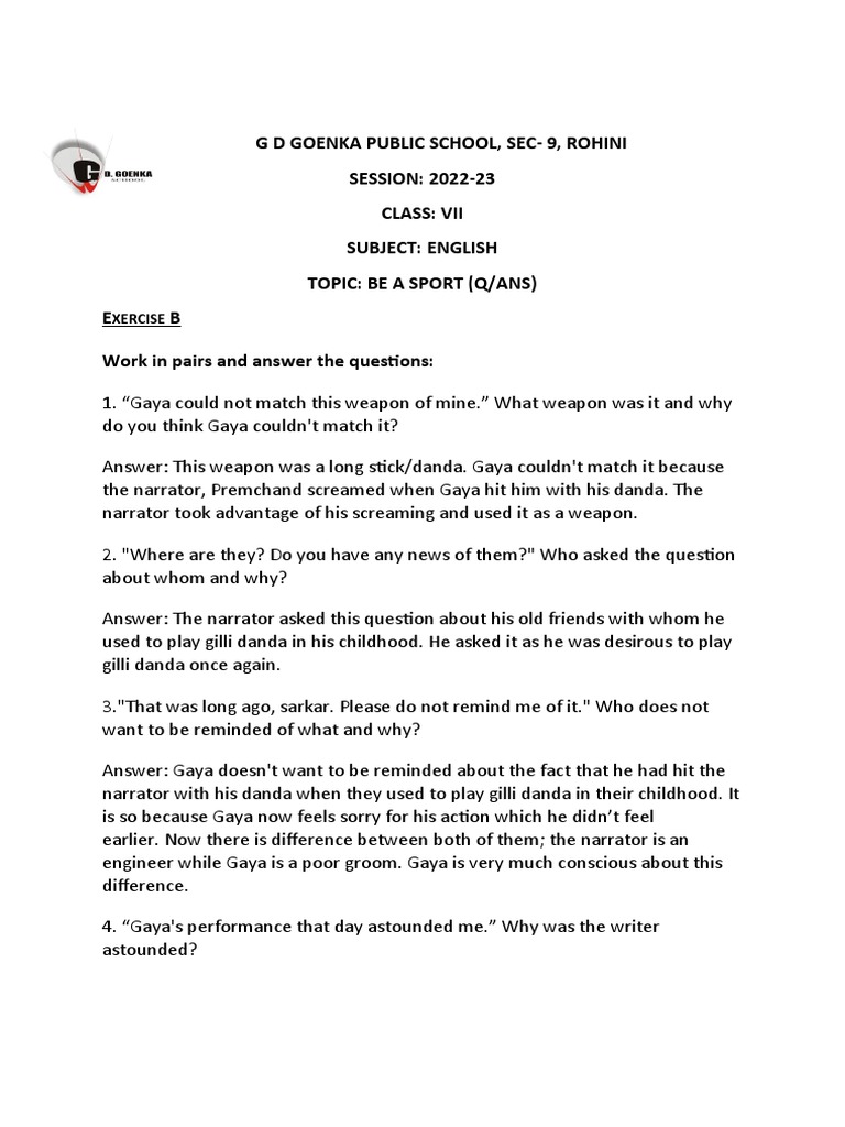 Class 7 Be A Sport Q A PDF