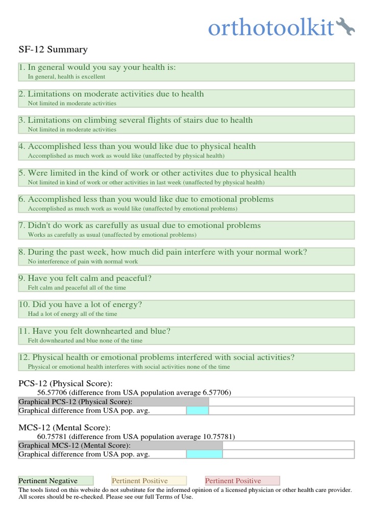 SF-12 Health Assessment Summary | PDF