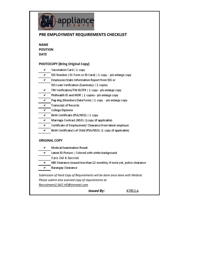Pre Employment Requirements. PDF