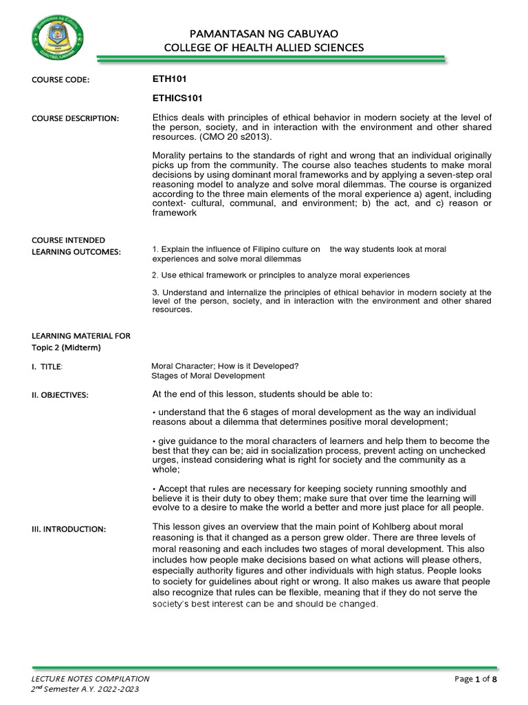 LEARN MAT ETH 101 MORAL CHARACTER STAGES DEVT 20222023 2ND SEM (for