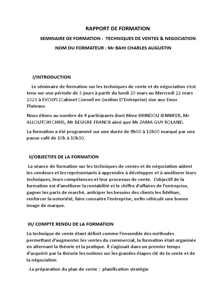 Rapport de Formation Techniques de Ventes Et Negociation PDF | PDF ...