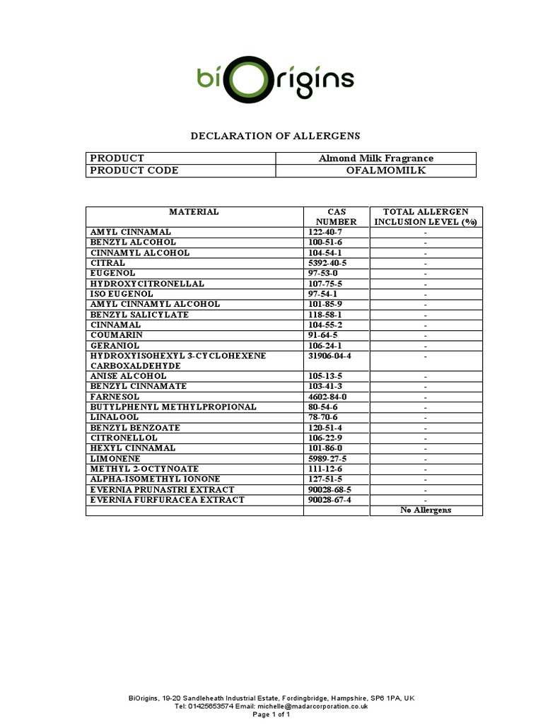 Almond Milk Fragrant Oil Allergens PDF Natural Products Perfumery