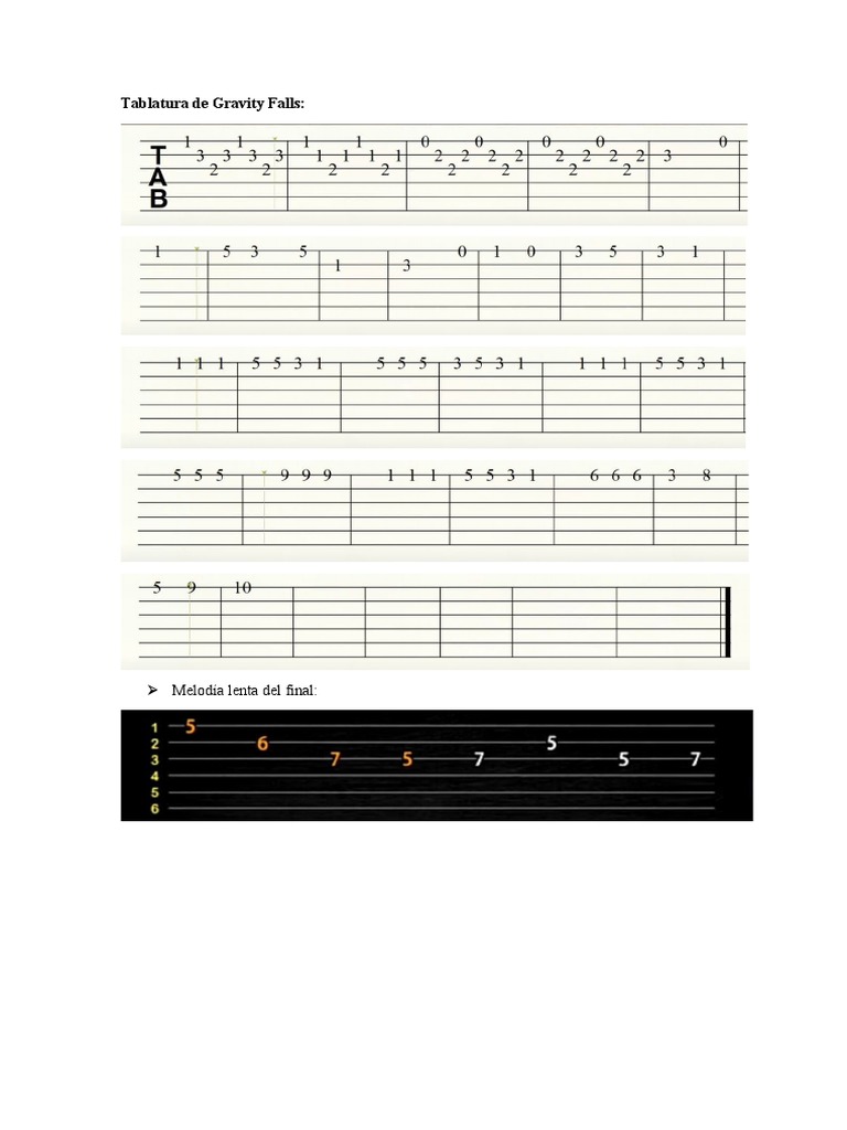 Tablatura de la melódica melodía final de Gravity Falls PDF
