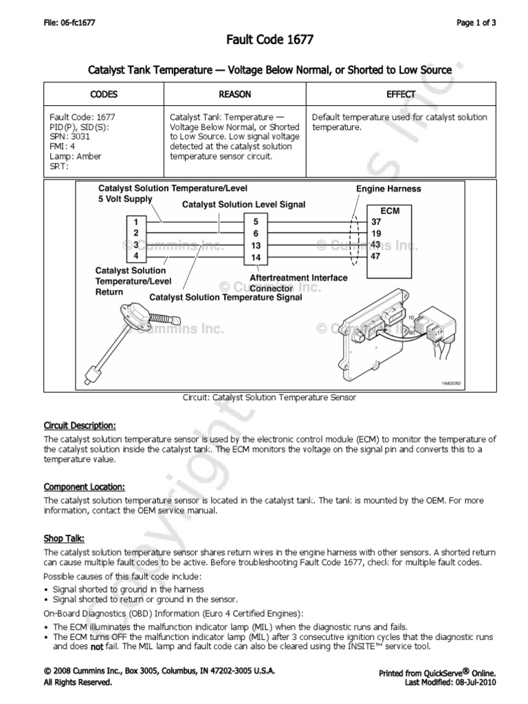 06fc1677 Catalyst Tank Temperature Voltage Below Normal, or Shorted