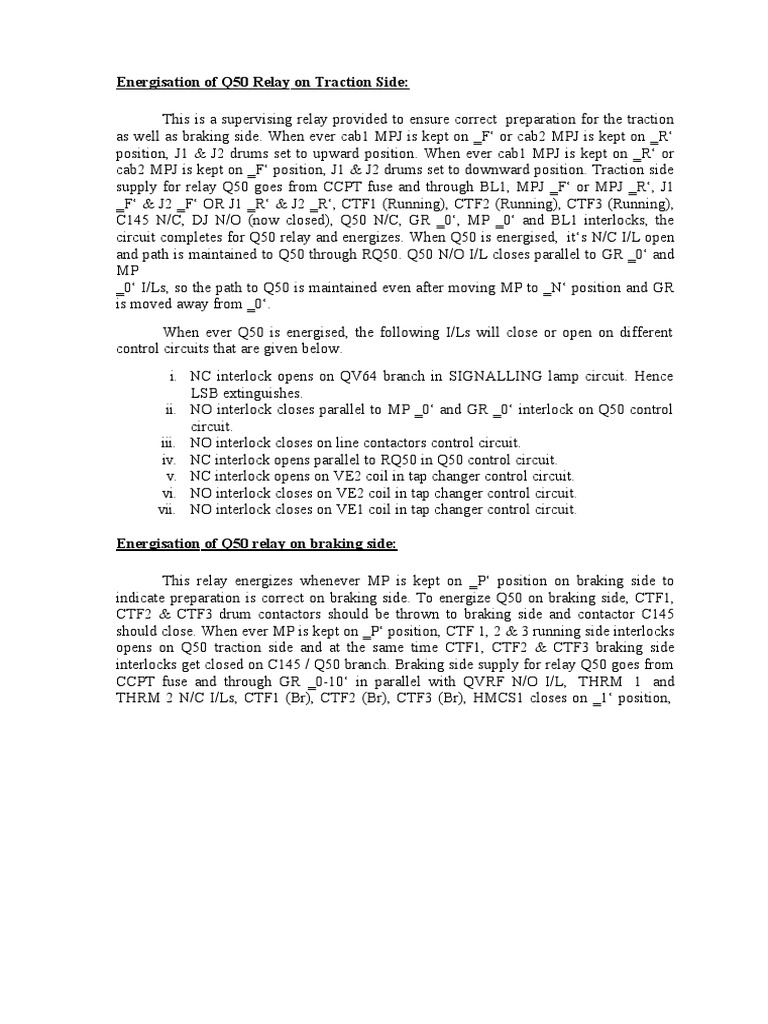 Energization of the Q50 Relay and its Functions on Both the Traction