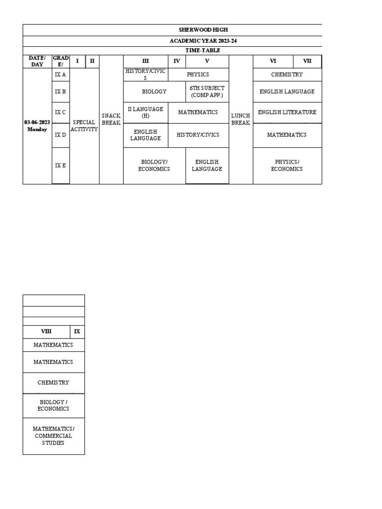Sherwood high academic year 2023 24 time table date day grad e sec i