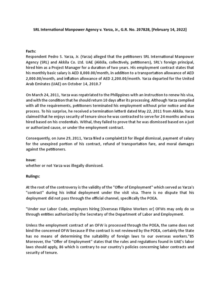 SRL vs. Yarza (207828) Download Free PDF Employment Economies