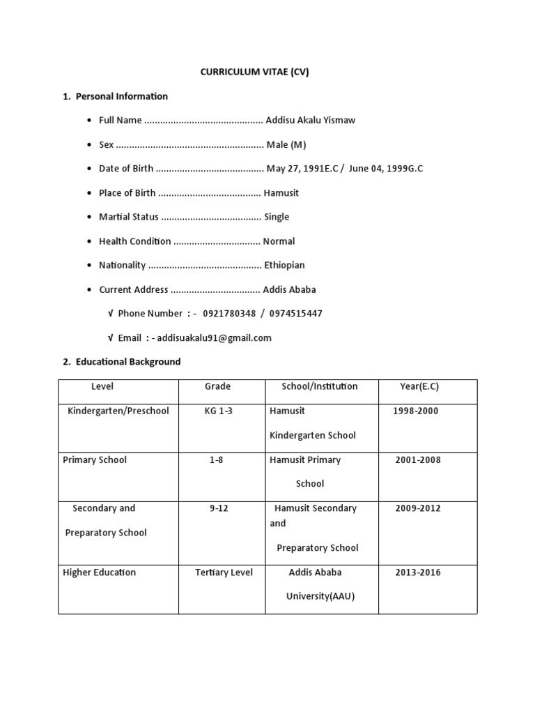 CURRICULUM VITAE For Addisu | PDF | Kindergarten
