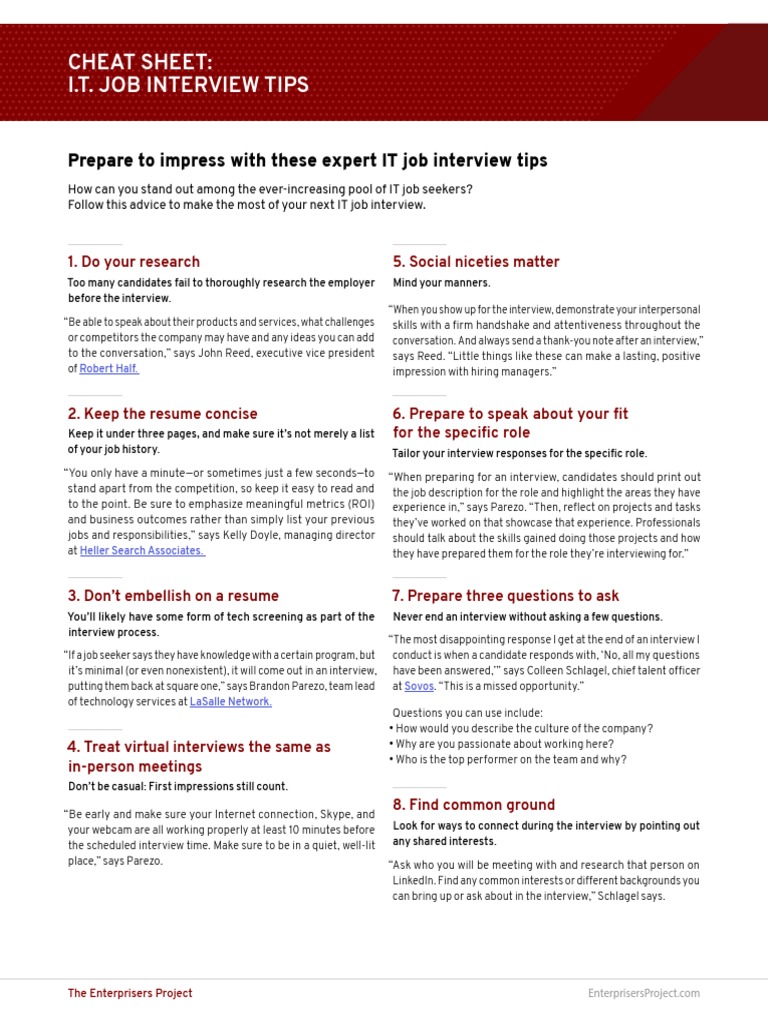 It Job Interview Tips Cheat Sheet PDF | PDF | Job Interview | Human ...