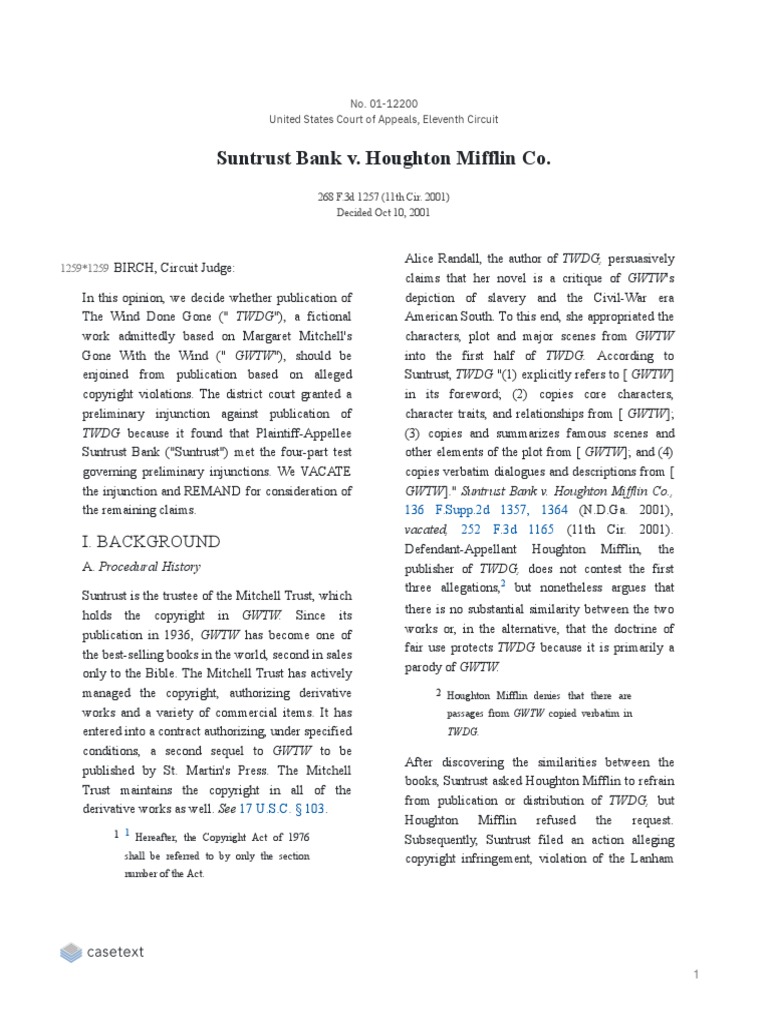 Suntrust Bank v. Houghton Mifflin Co PDF Fair Use Copyright