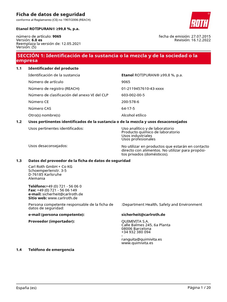 Ficha de Seguridad Del Etanol | Descargar gratis PDF | Productos ...