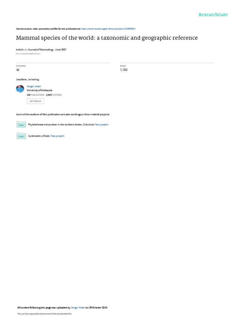 Mammal Species of The World A Taxonomic and Geogra PDF Species