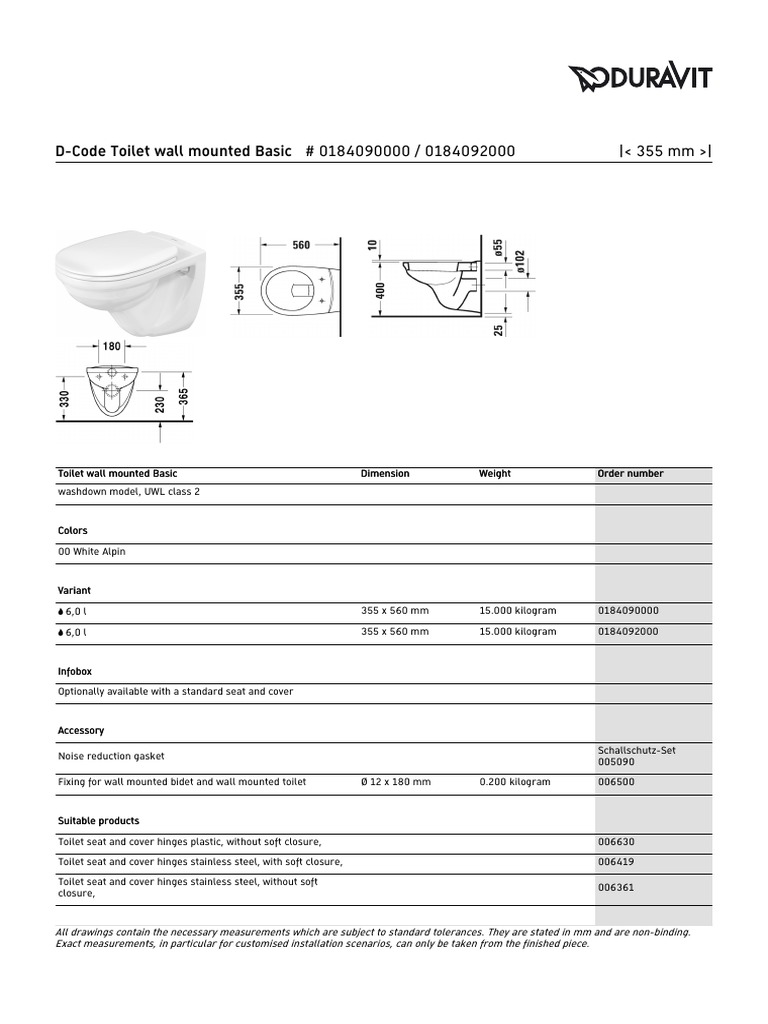 D-Code Toilet Wall Mounted Basic # 0184090000 / 0184092000 | PDF