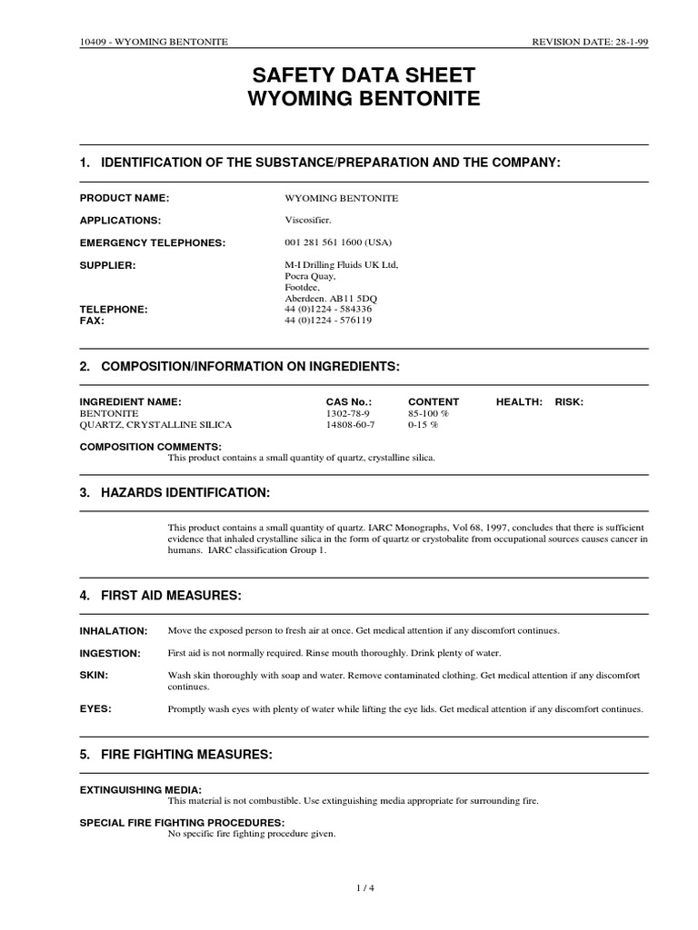 E1Wyoming Bentonite Folha de Seguran A PDF Hazards Occupational