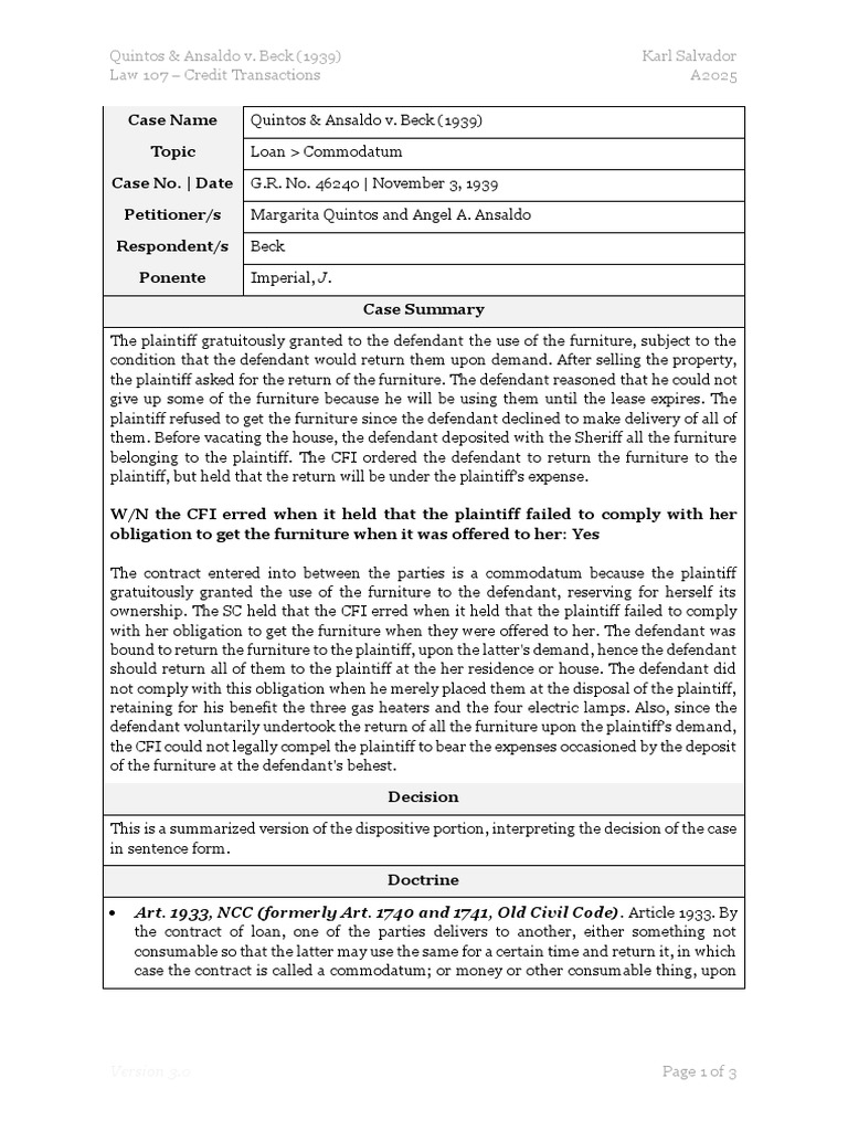 107.014 Quintos & Ansaldo v. Beck (1939) Digest PDF Loans