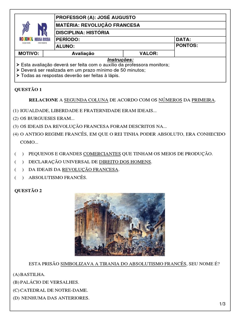 Atividades Adaptadas: Revolução Francesa | PDF | Revolução Francesa ...