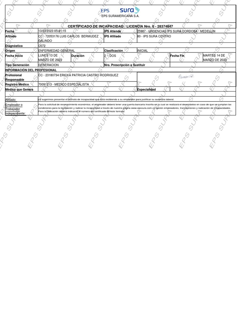 Certificado de Incapacidad EPS SURA | PDF