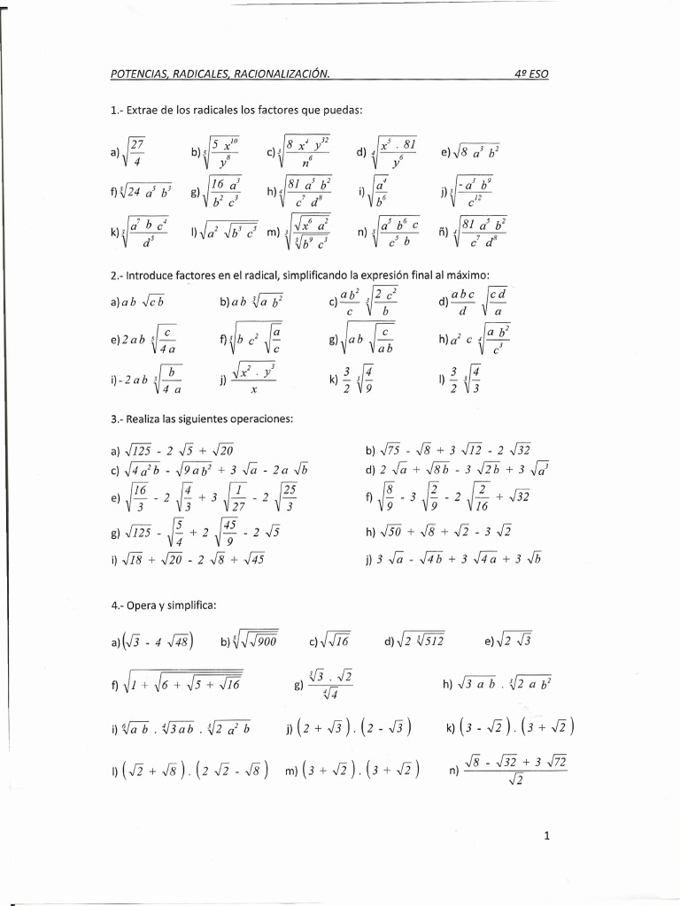 Ejercicios Radicales Con Soluciones Pdf Ajedrez Juegos De