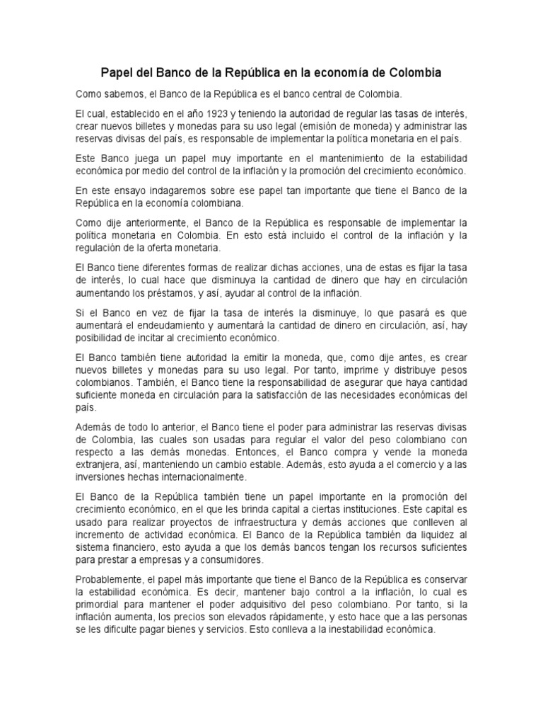 Papel del Banco de la República en Colombia | PDF | Inflación | Moneda
