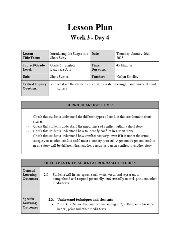 Day 4 introducing stages of a short story without students names
