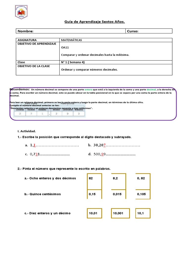 Guía de Decimales para Sexto Grado | PDF | Decimal | Aritmética