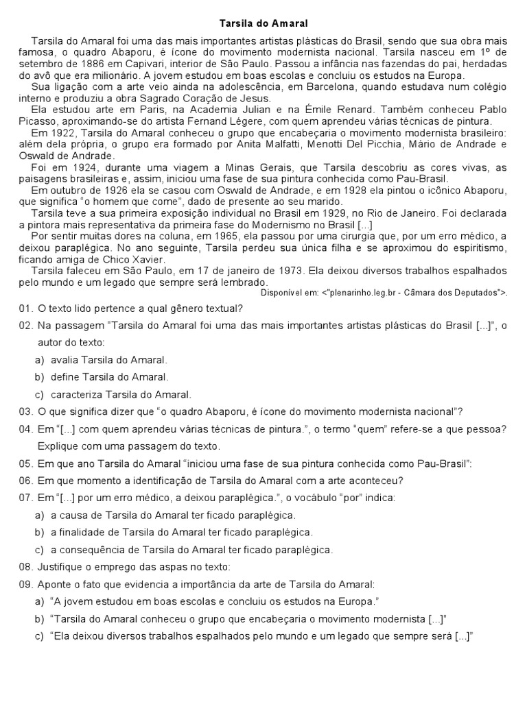 Interpretacao de Texto Tarsila Do Amaral | PDF