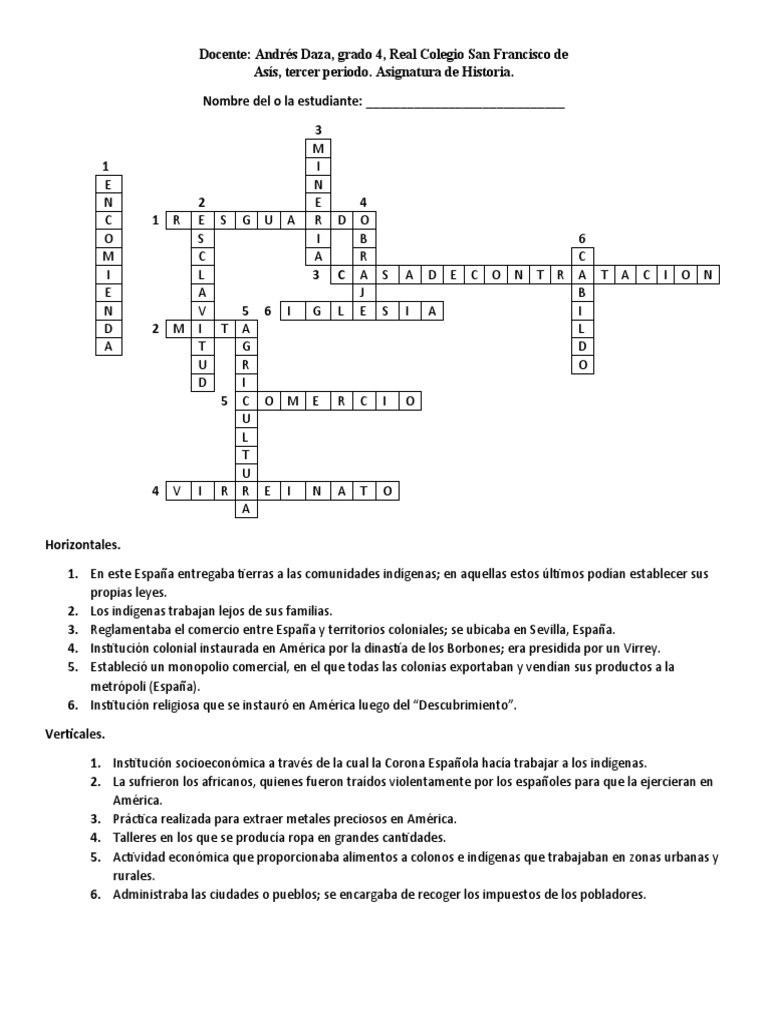 Crucigrama La Colonia Grado 4 PDF España Nueva españa