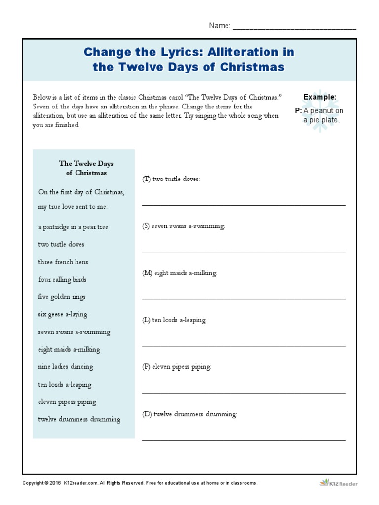 change the lyrics alliteration in the twelve days of christmas6-8