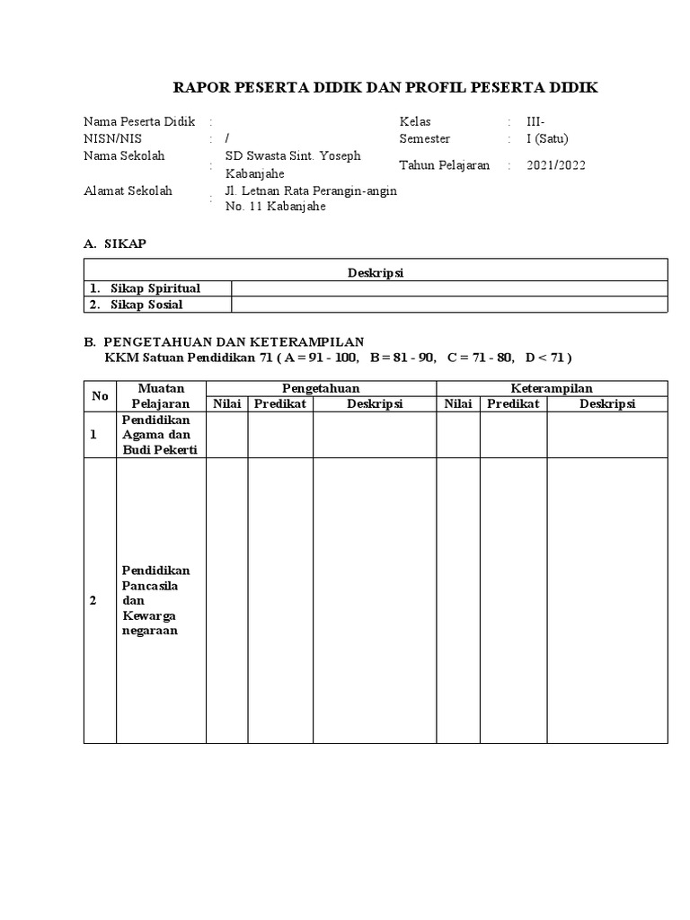 Contoh Rapor Siswa SD Kelas III | PDF