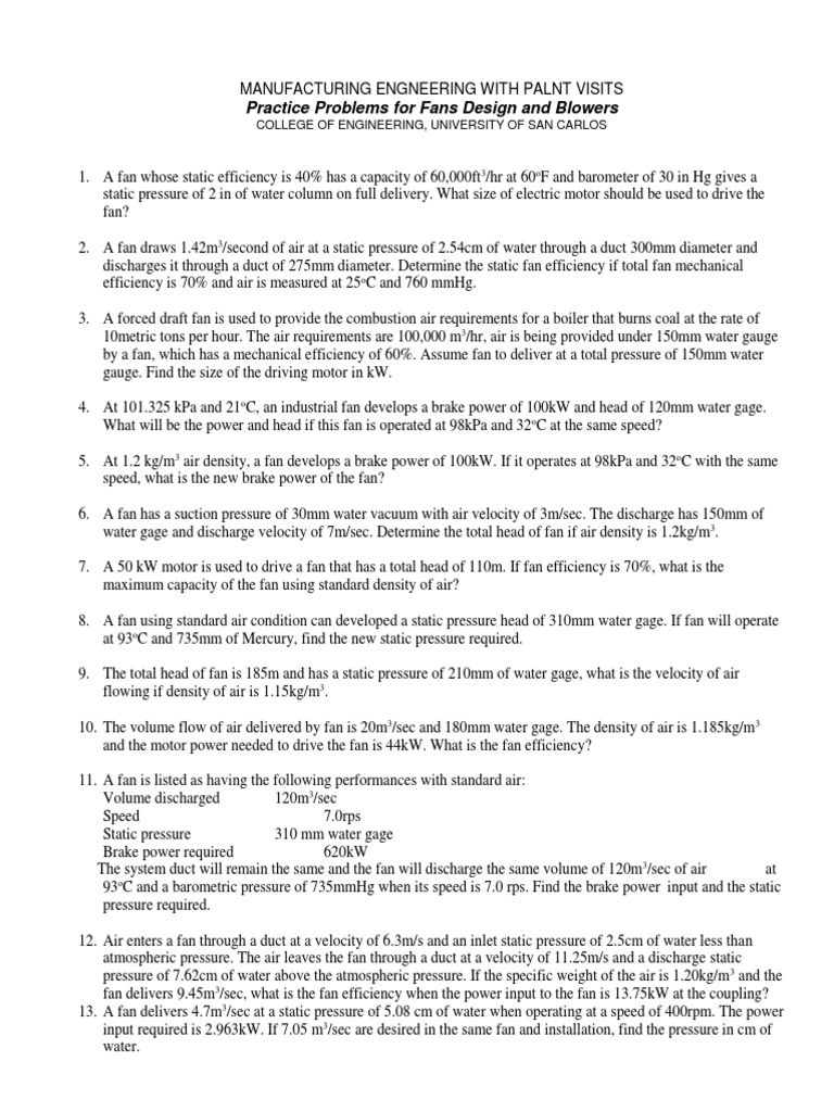 Fans and Blowers Practice Problems PDF Pressure Horsepower