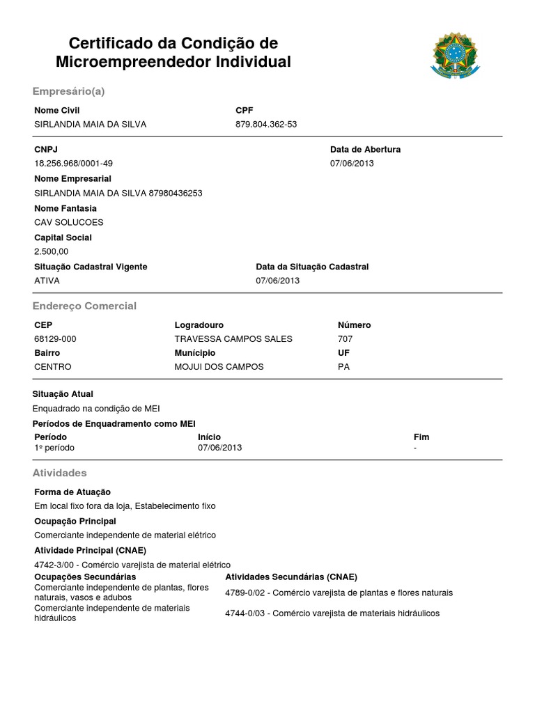 Certificado de Microempreendedor Individual | PDF | Finanças e ...