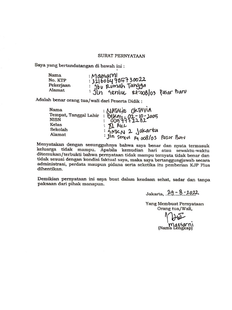 Surat Pernyataan Orang Tua PDF | PDF