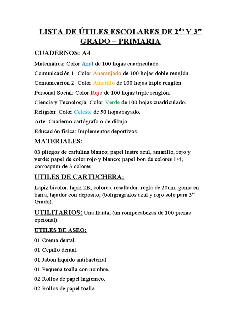LISTA DE ÚTILES ESCOLARES DE 2do Y 3er GRADO2023 | PDF