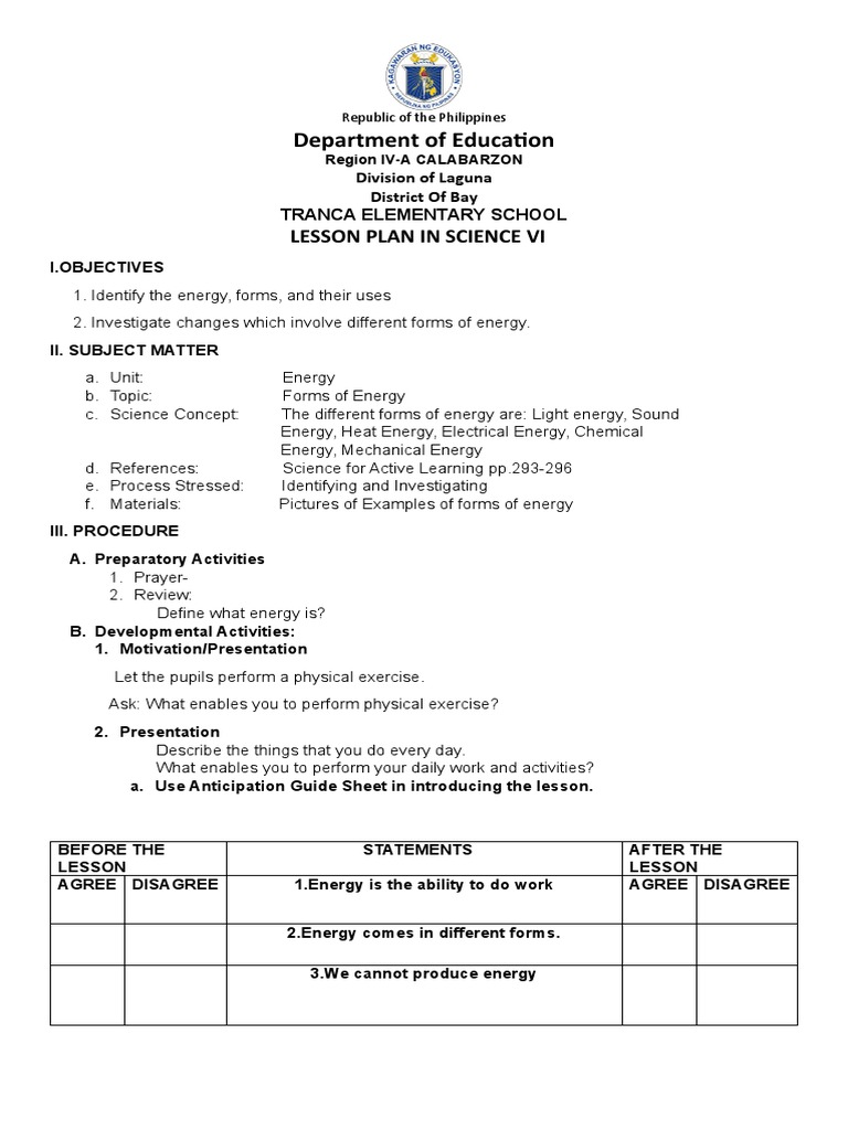 Forms of Energy Lesson Plan PDF Science Nature